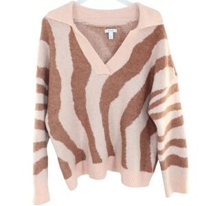 Nine West V-Neck Sweater Zebra Animal Print XL Pink Brown